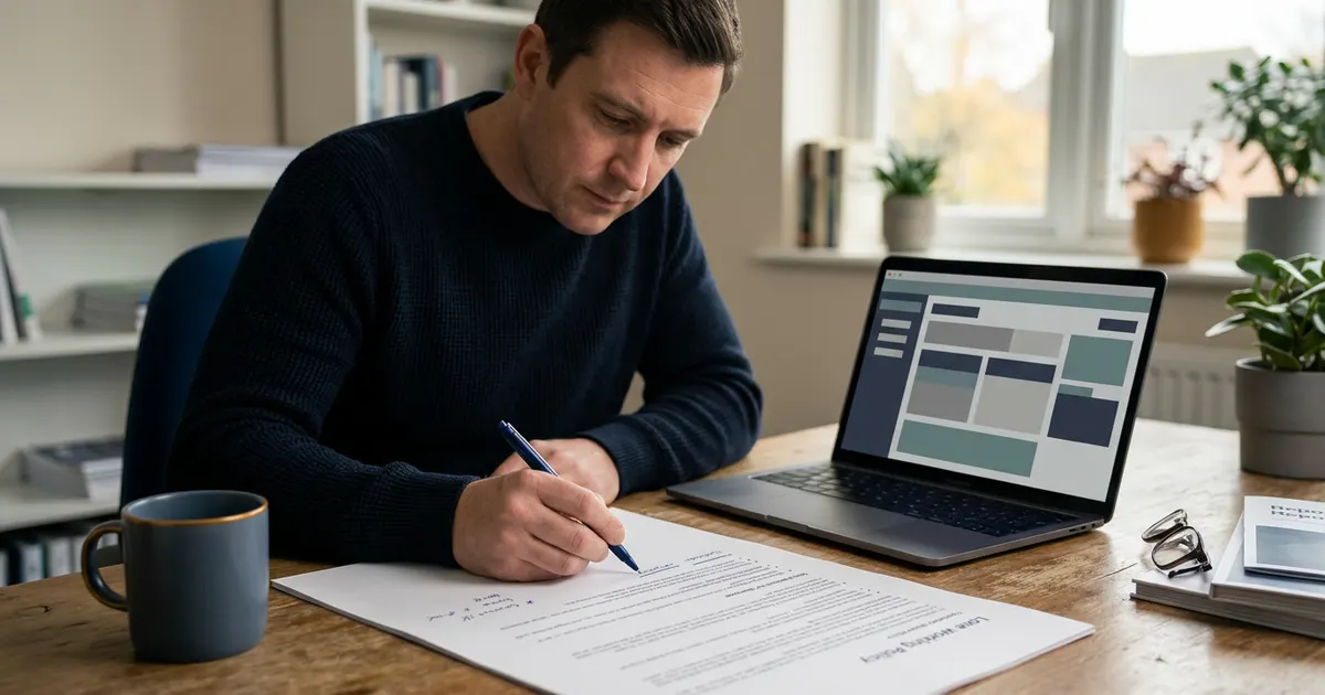 A Lone Working Policy Template for Housing Officers A compliance manager annotating a printed policy beside a laptop displaying an abstract visit log