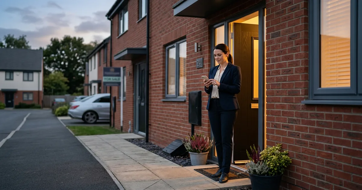 15 Days to 30 October: 'All Reasonable Steps' for Estate Agents Estate agent checking a phone at the door of an empty house at dusk