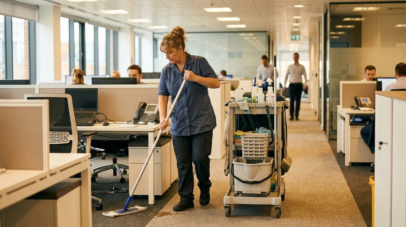 A cleaner working alone with a trolley on an office floor while colleagues and visitors pass in the background