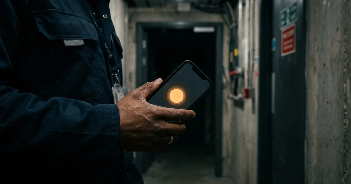 A lone worker's hand holding a smartphone showing a single amber panic alarm button, ready to raise an instant alert