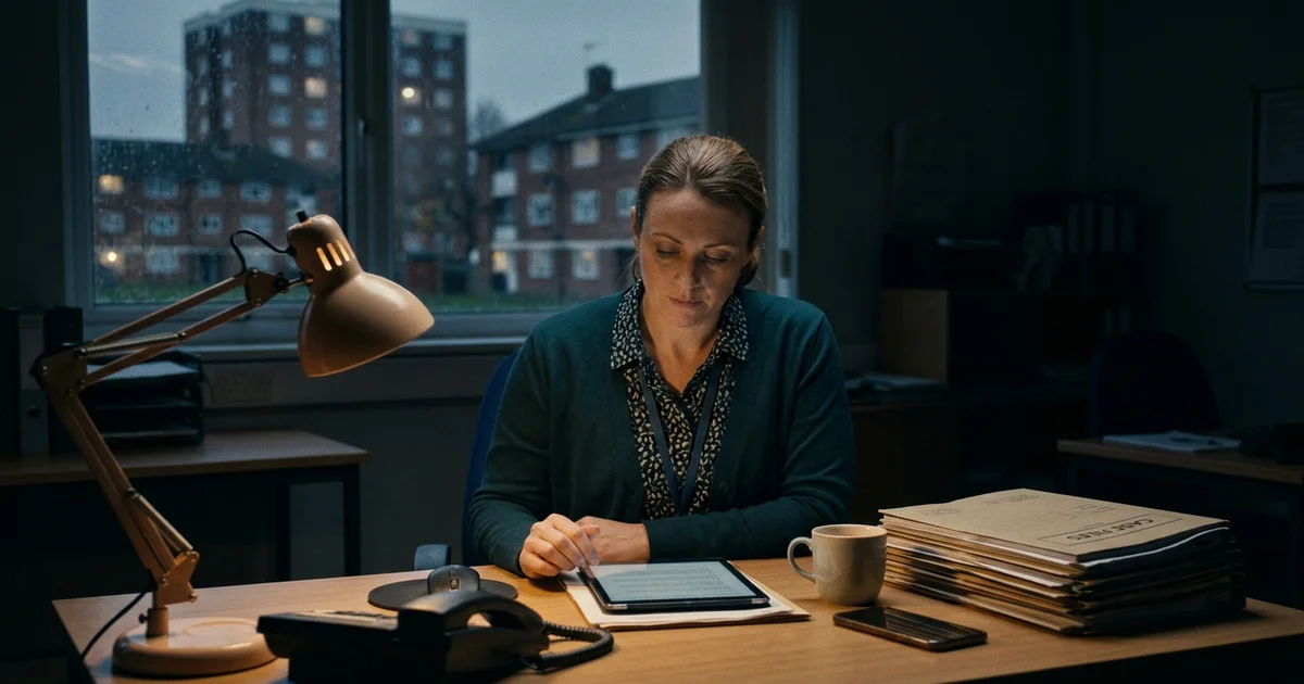 A housing officer reviewing case notes on a tablet at a desk, composed but under visible pressure