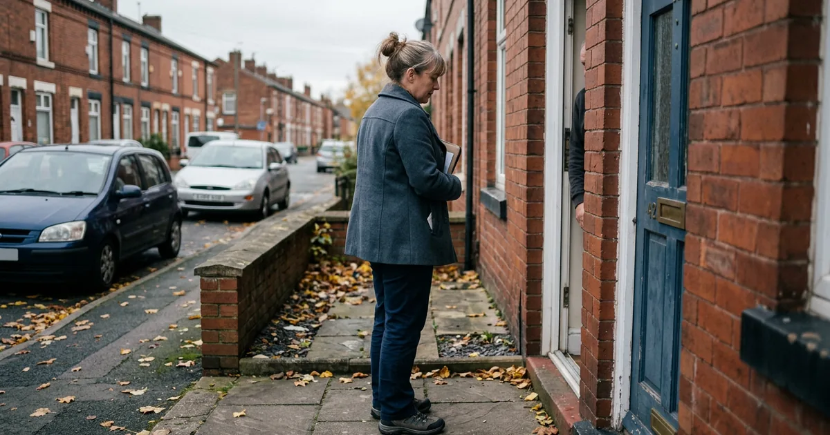 A housing officer standing at a front door mid-conversation on an overcast UK street