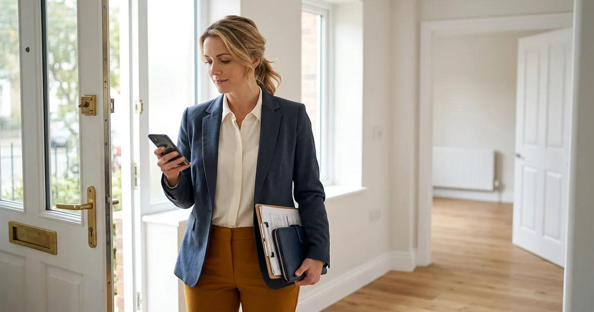 Estate agent at the front door of an empty flat checking viewing details on a phone