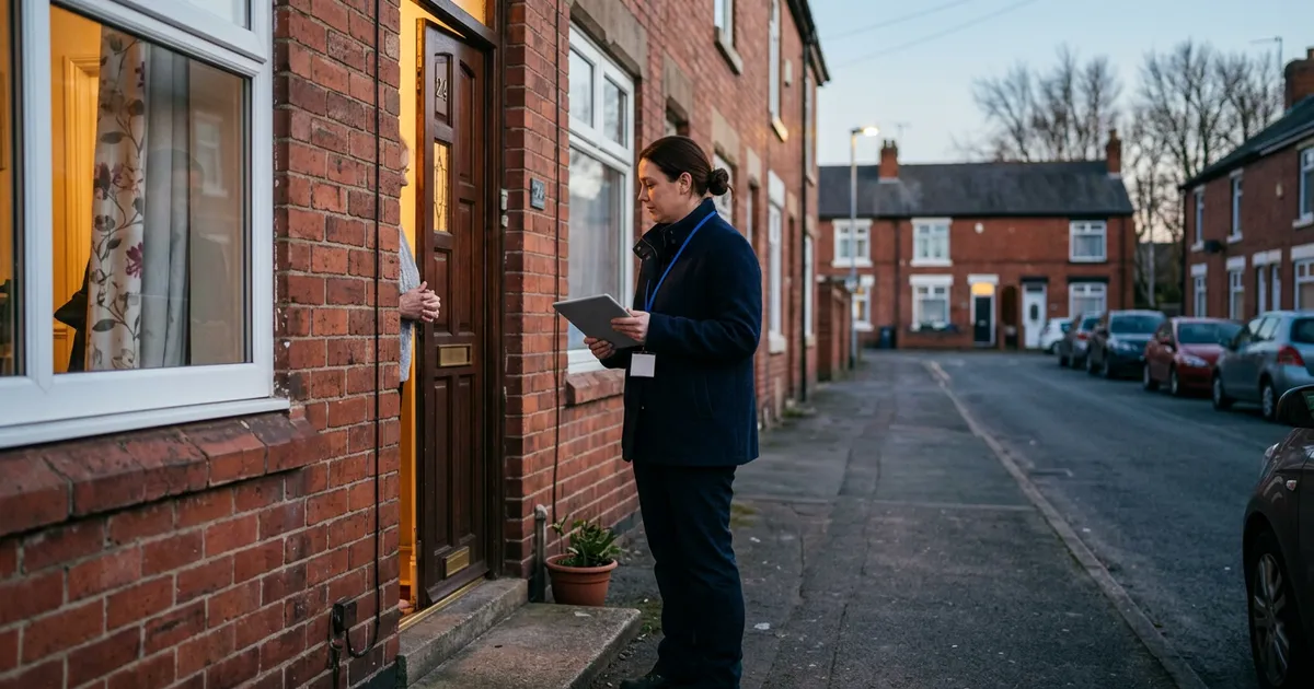 Awaab's Law and Lone Worker Safety in Social Housing A housing officer with a tablet at the door of a UK terraced house in early evening light
