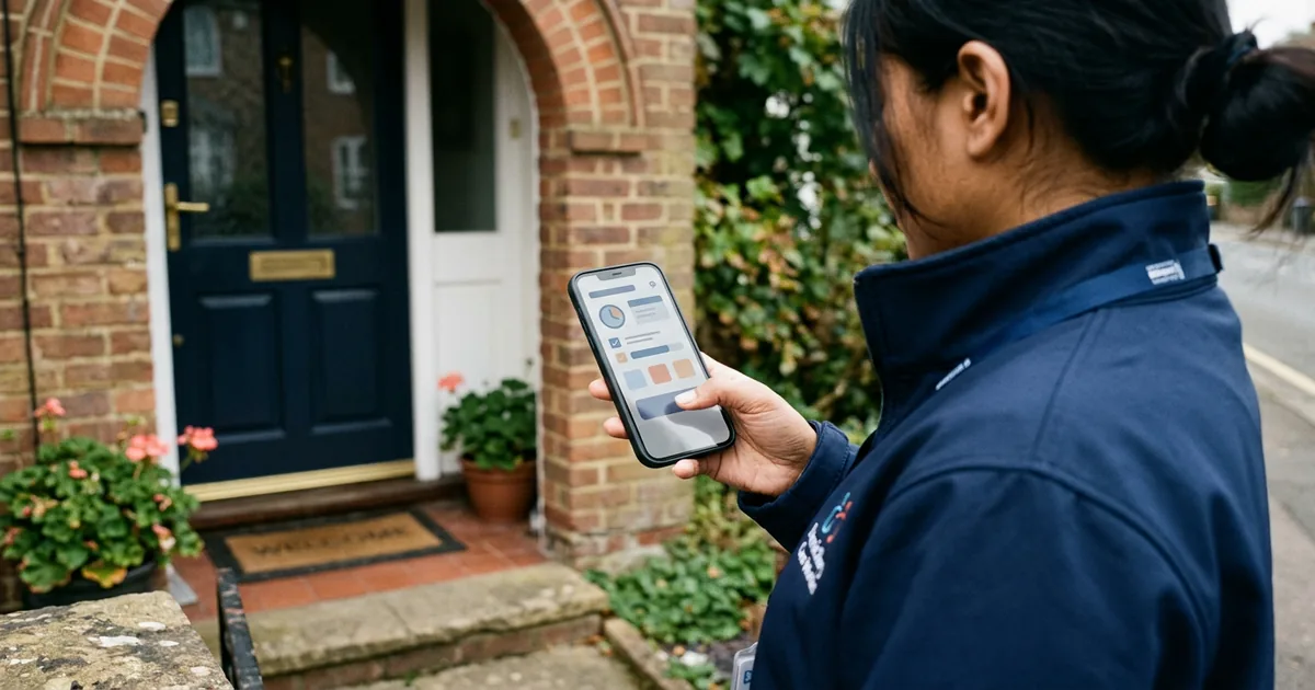Electronic Call Monitoring vs Lone Worker Safety Apps A care worker's phone showing a visit check-in screen on a doorstep