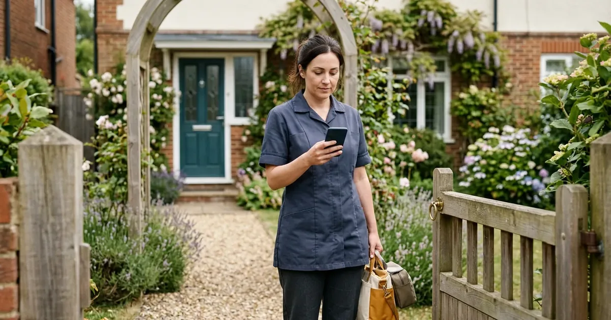 A community nurse checking a phone before entering a residential property on a home visit