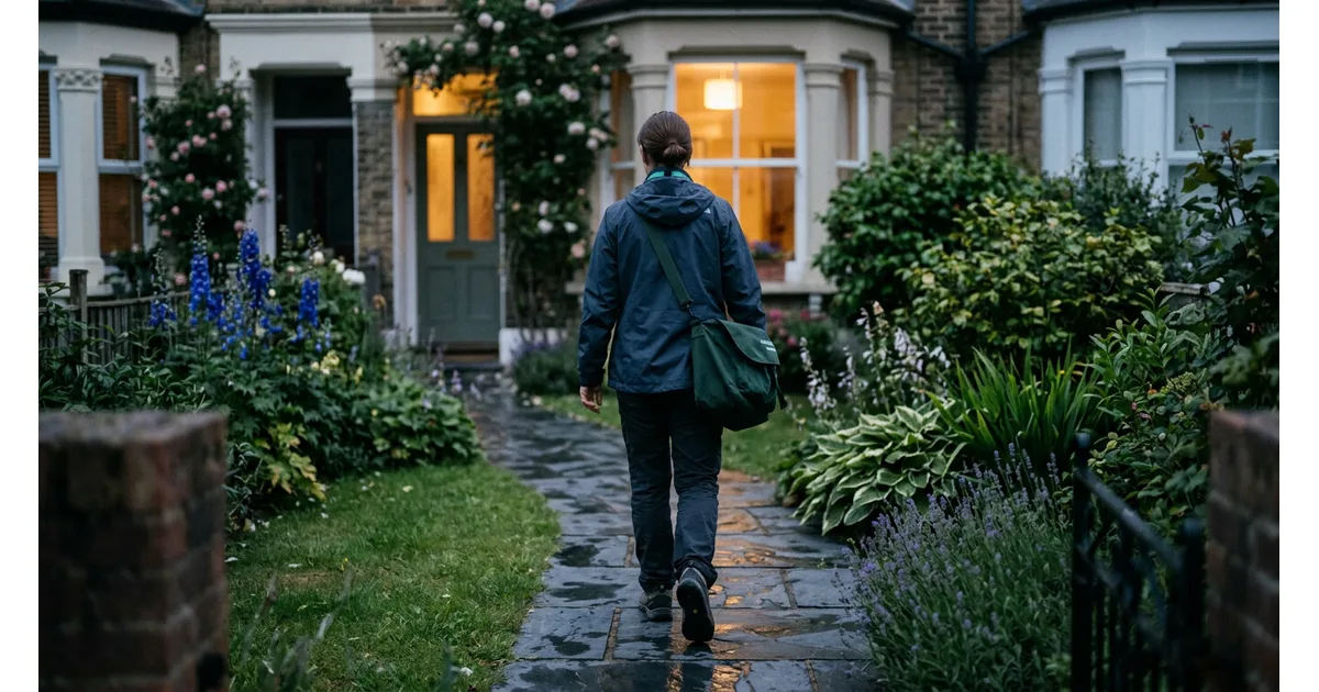A community health worker walking up a residential path at dusk carrying a visit bag