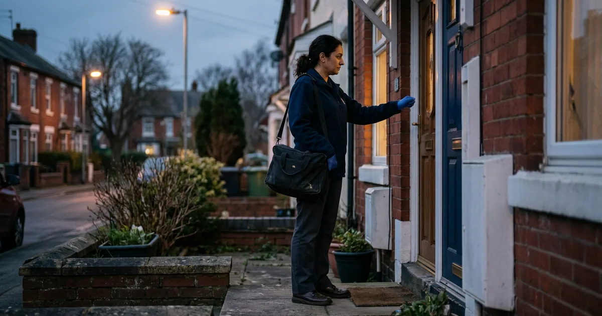 A district nurse standing alone at a front door in low evening light, visit bag in hand