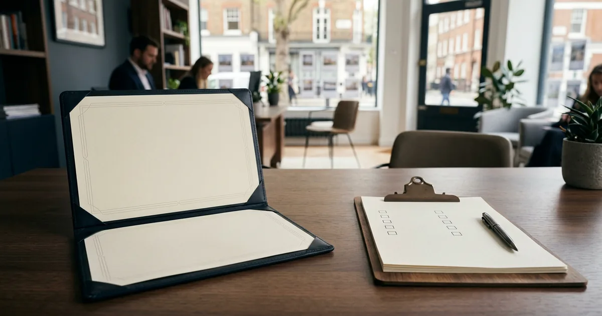 Mandatory Licensing Is Coming for Agents: What It Covers (and Doesn't) A licence-style document beside a separate blank staff safety checklist in a property office