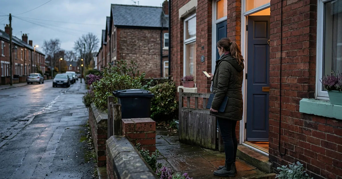Letting agent standing alone at a terraced house front door holding a tablet at dusk