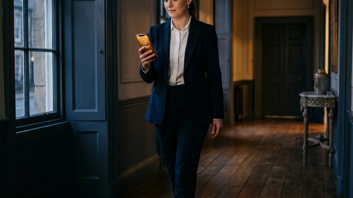 Professional using a UK lone worker protection app on a smartphone during a field visit