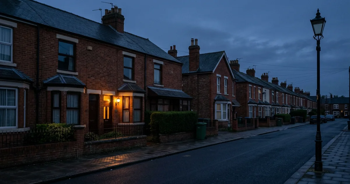 Quiet UK residential street at dusk, with a warm porch light glowing outside a terraced home