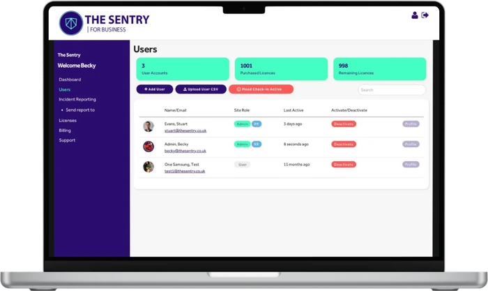 The Sentry admin portal on a laptop — real-time lone worker monitoring for managers