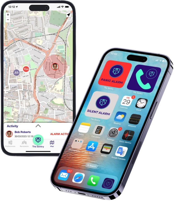 The Sentry app on two smartphones showing live session tracking and panic alarm