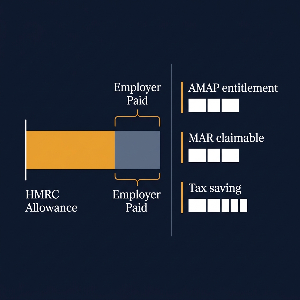 Example mileage relief calculation results showing AMAP entitlement, employer payments, MAR claimable and estimated tax saving